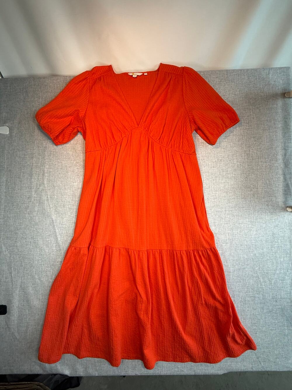 Boden Red Orange Cotton Midi Dress 12R Puff Sleeve Tiered V Neck Pockets